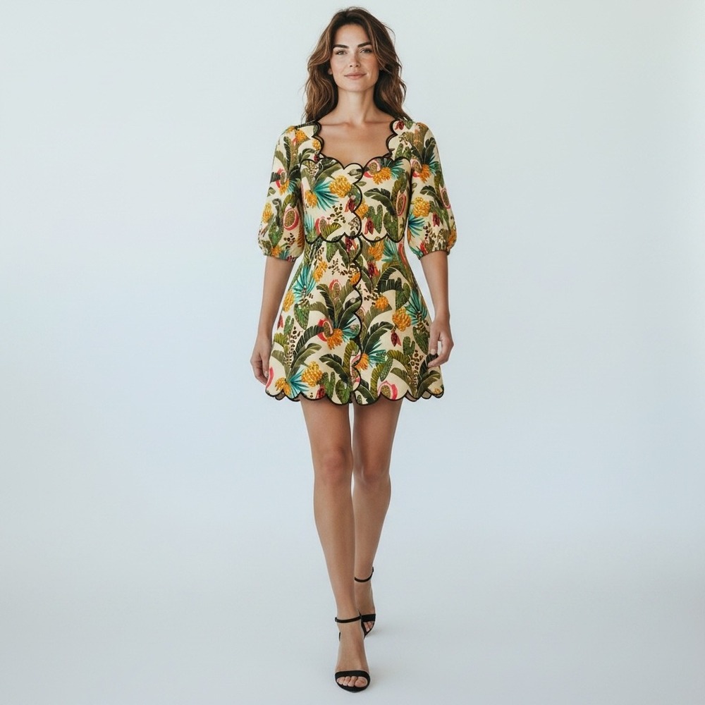 Farm Rio Anthropologie Mini Dress L Tropical Puff Sleeve Scallop Hem Linen Boho